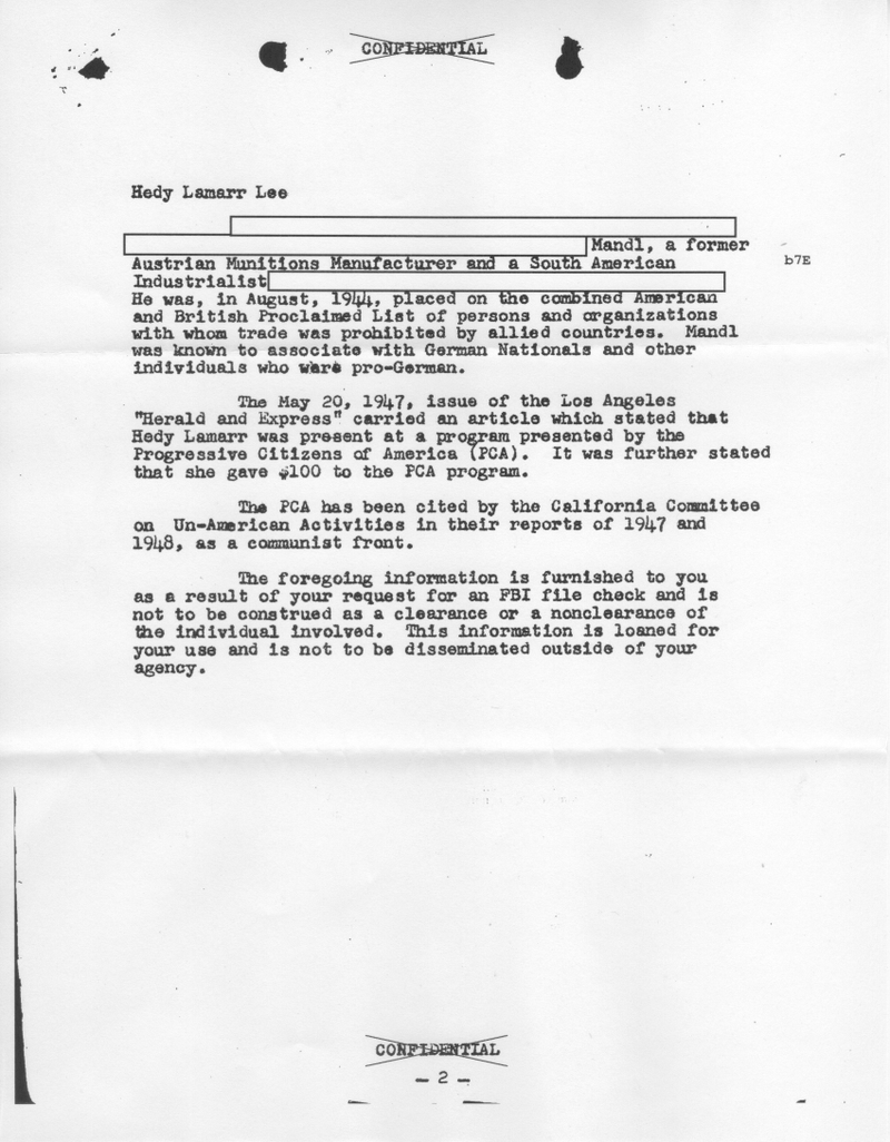 Page 2 of Hedy Lamarr’s FBI file